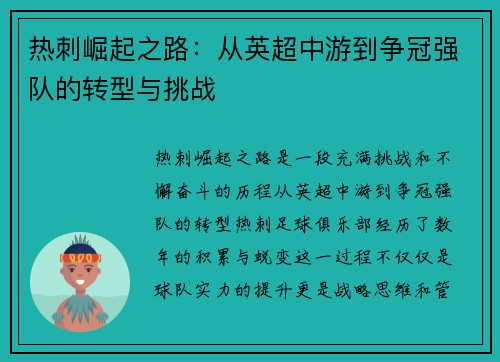热刺崛起之路：从英超中游到争冠强队的转型与挑战