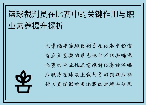 篮球裁判员在比赛中的关键作用与职业素养提升探析
