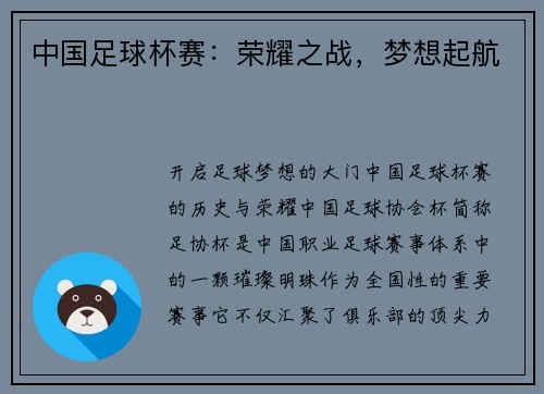 中国足球杯赛：荣耀之战，梦想起航