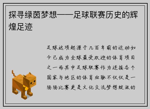 探寻绿茵梦想——足球联赛历史的辉煌足迹