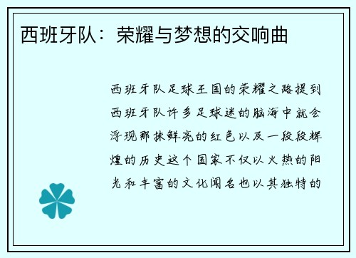 西班牙队：荣耀与梦想的交响曲