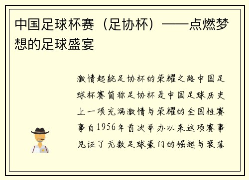 中国足球杯赛（足协杯）——点燃梦想的足球盛宴